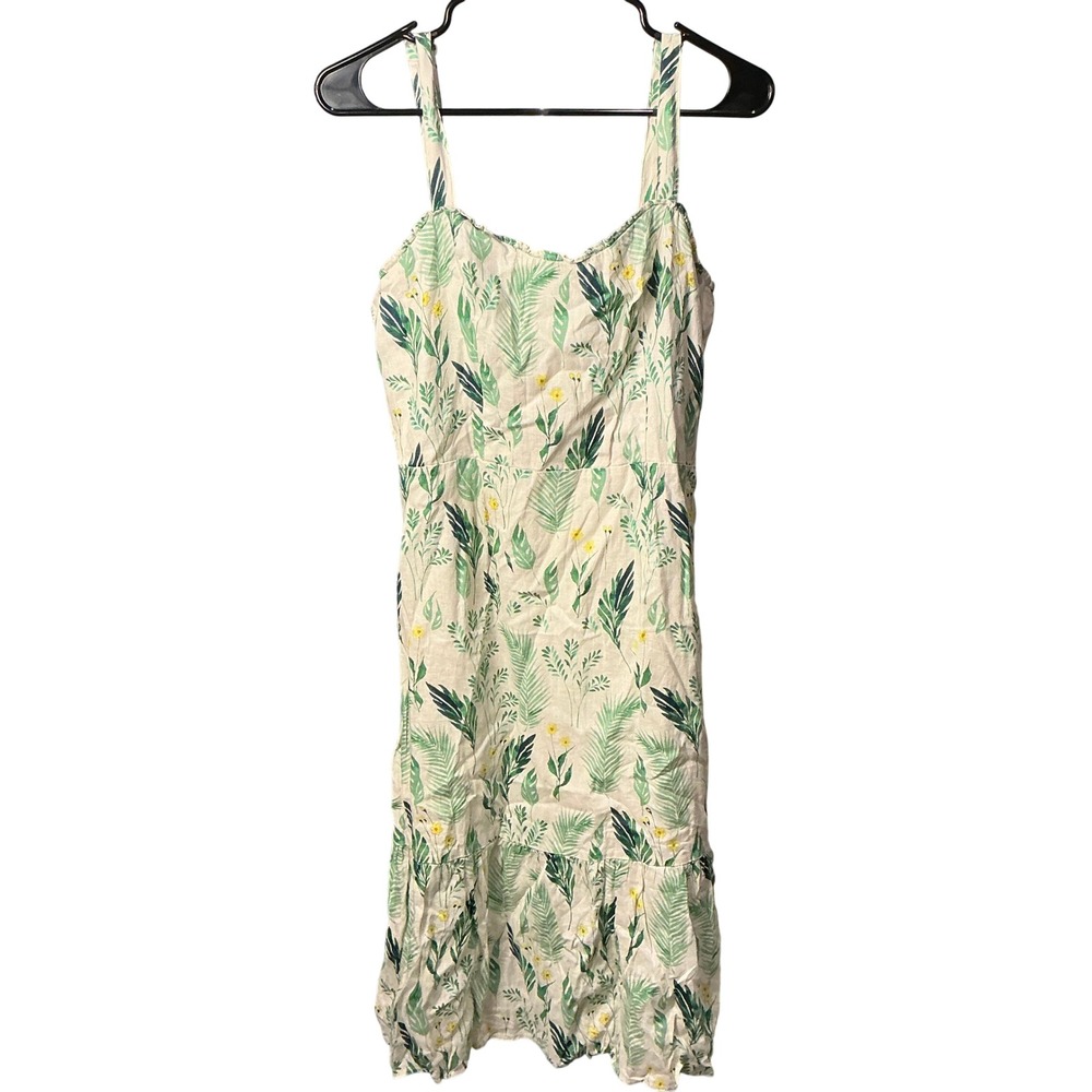 C&C California 100% Linen Tropical Leaf Sun Dress Cream Green Smocked Back